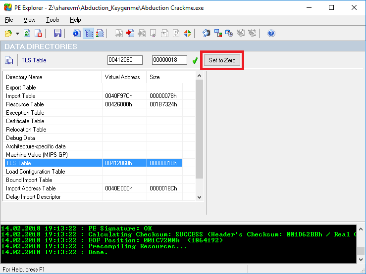 clearing out TLS table in PE Explorer